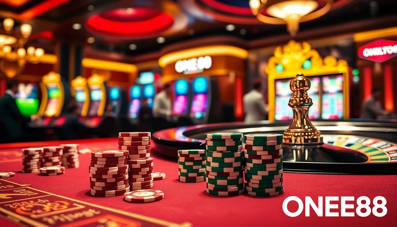 ONE88 players betting at a luxurious casino table with vibrant poker chips and roulette wheel.