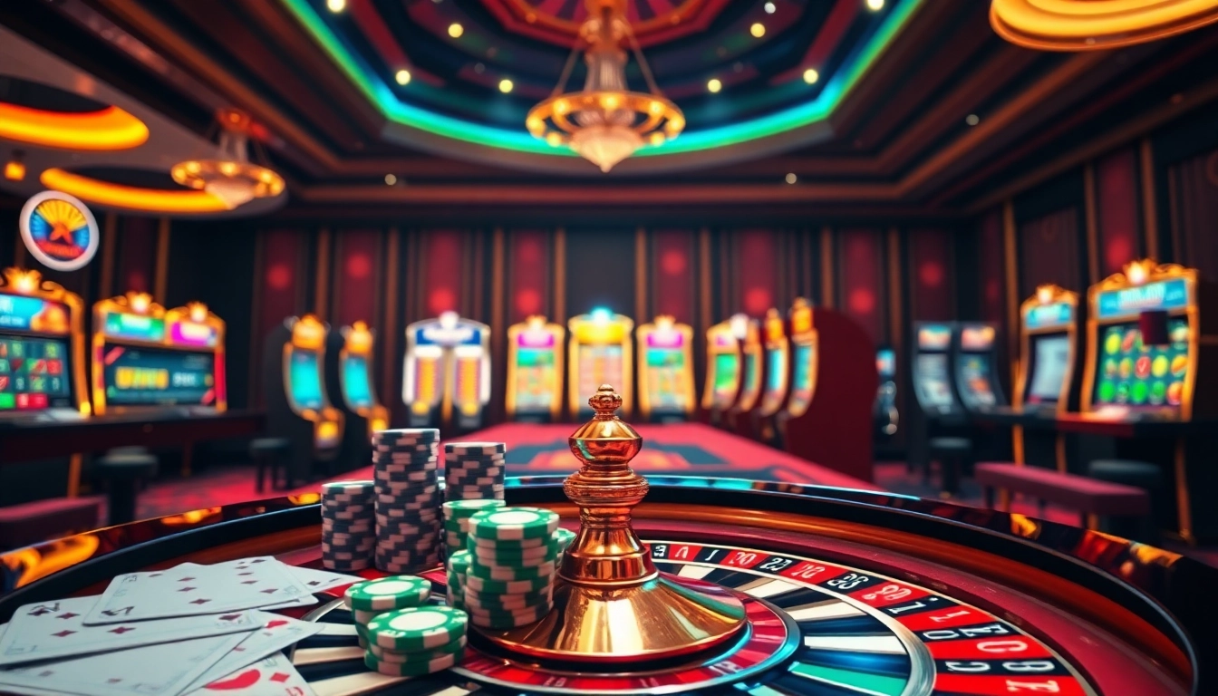 Experience the thrill of online gambling at https://uk88.za.com/ with vibrant casino elements including roulette and poker.